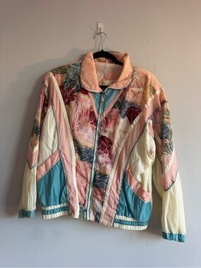 Vintage 90s East West Retro Floral Windbreaker Pink White Blue Varsity Jacket